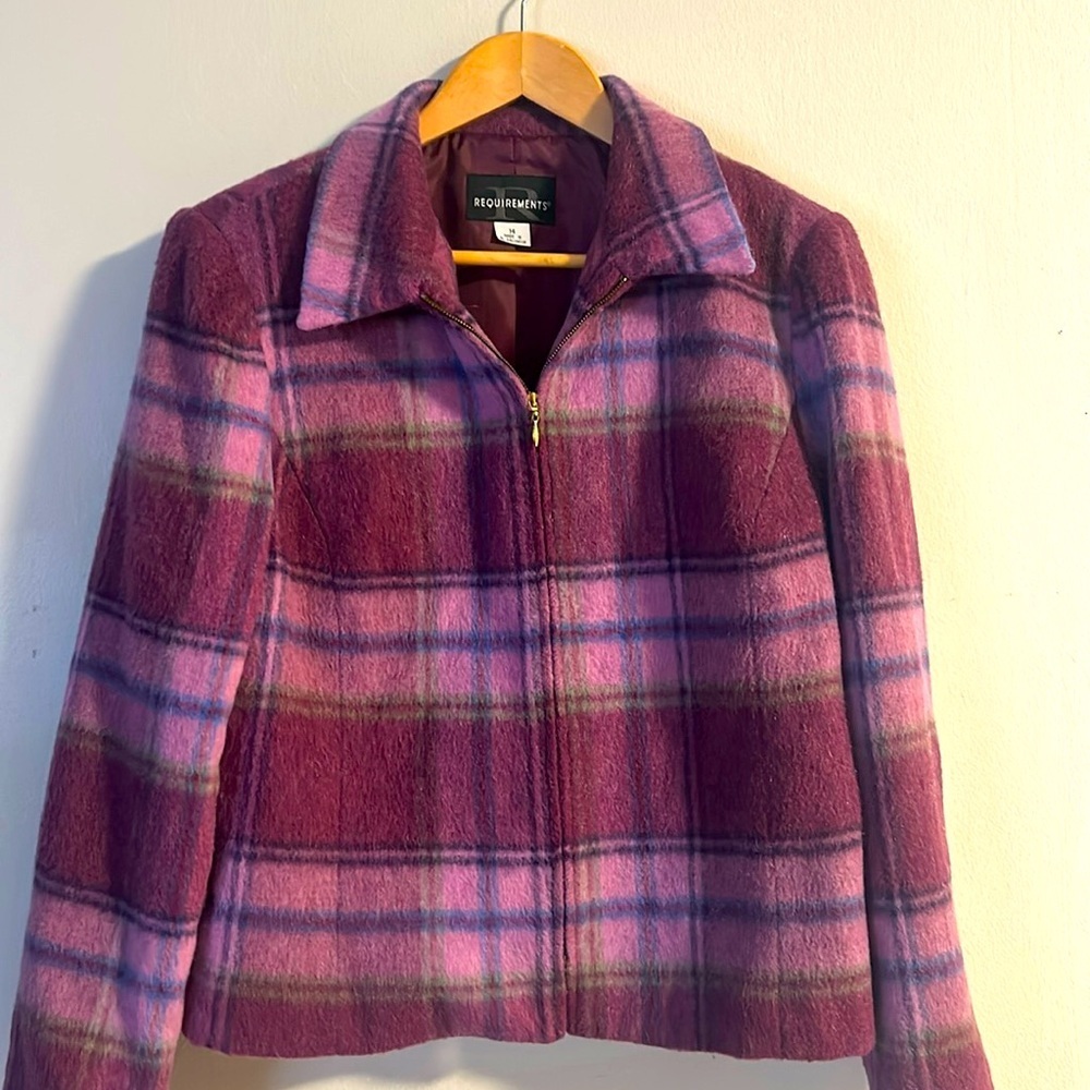 Vintage Requirements Wool Blend Purple Plaid Jacket Size 14 Large 90s